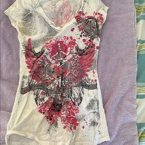 Women's Graphic V-Neck Tee - Red and Gray